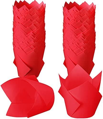 Jutom 100 Pack Tulip Cupcake Liners Paper Baking Cups Greaseproof Muffin Liners Grease Resistant Cupcake Wrappers for Weddings Birthday Cake Balls Muffins Candy Jelly Party(Red)