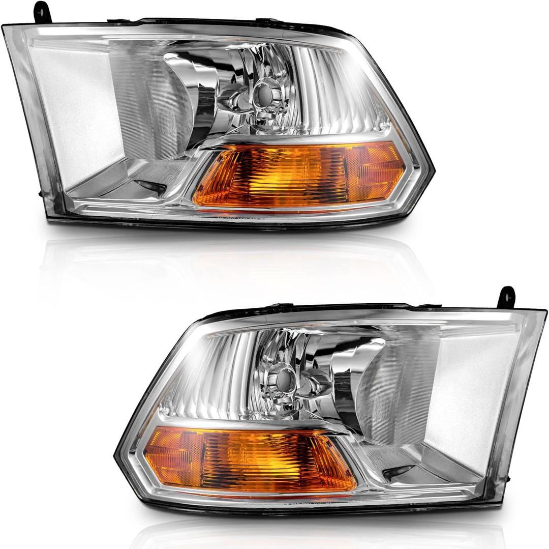 WEELMOTO Headlight Compatible with 2009-2012 Dodge Ram 1500/2010-2012 Dodge Ram 2500 3500 (Does NOT fit Quad Beam Headlight Models) Replacement Chrome Housing Amber Reflector