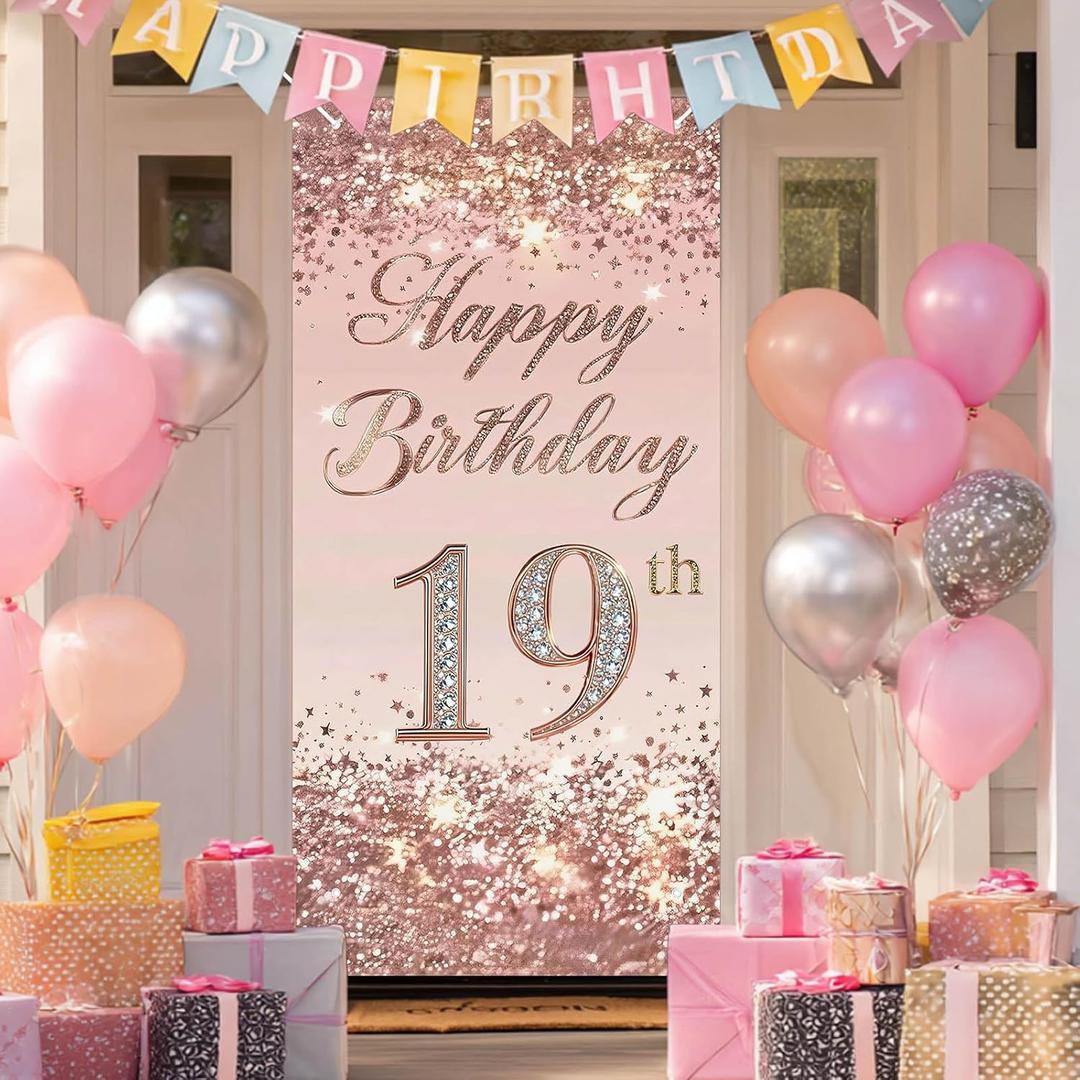 19th Birthday Door Cover 71x35 Inch Elegant Rose Gold Glitter Happy Birthday Banner for Girls Sparkling Diamond Number Nineteenth Milestone Celebration Party Photo Booth Prop Wall Decor