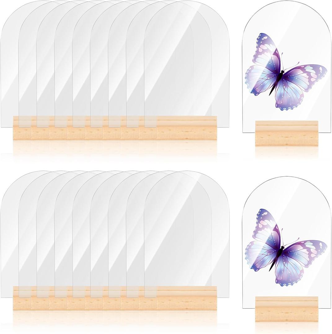20 Pcs Blank Clear Arch Acrylic Sign with Wooden Stands, 4 x 6 Inch Arched Round Top Acrylic Sheet DIY Acrch Wedding Table Numbers for Party, Office, Wedding Decor