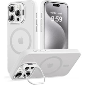 Magnetic Case for iPhone 15 Pro with Kickstand, Compatible with Magsafe, Built-in Camera Stash Stand, Military Protection, Skin Feeling Phone Case for iPhone 15 Pro 6.1inch, Frosted White