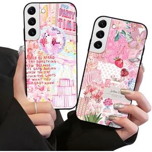 Zrutru 2 Pack Preppy Collage Phone Case for Samsung Galaxy S22 5G 6.1",Cute Flower Aesthetic Floral Cases Cool Y2K Strawberry Print Cover for Women Girls,Black Slim Protection Funda for Samsung S22