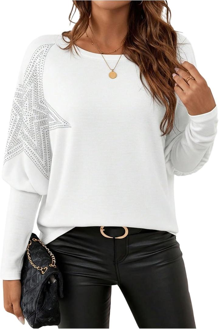 SOLY HUX Women's Long Sleeve Rhinestone Tops Crew Neck Casual Knit T Shirt | Spring Fall Clothes, Sparkly Shirt Top for Party, Club and Night Out (L)
