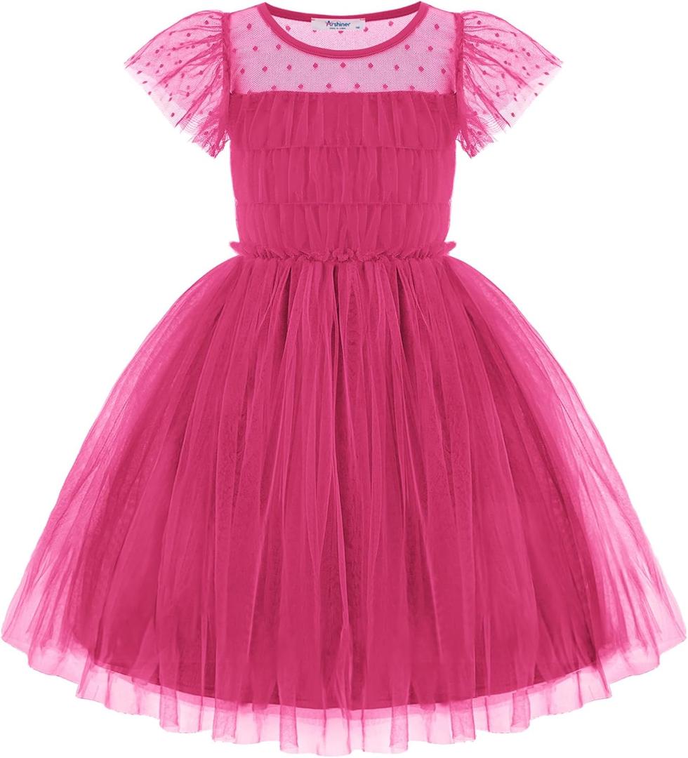Arshiner Little Girl Dresses Contrast Mesh Ruffle Sleeve Birthday Holiday Princess Toddler Tulle Dress for 2-7 Years Old (5-6 Years, Hot Pink)