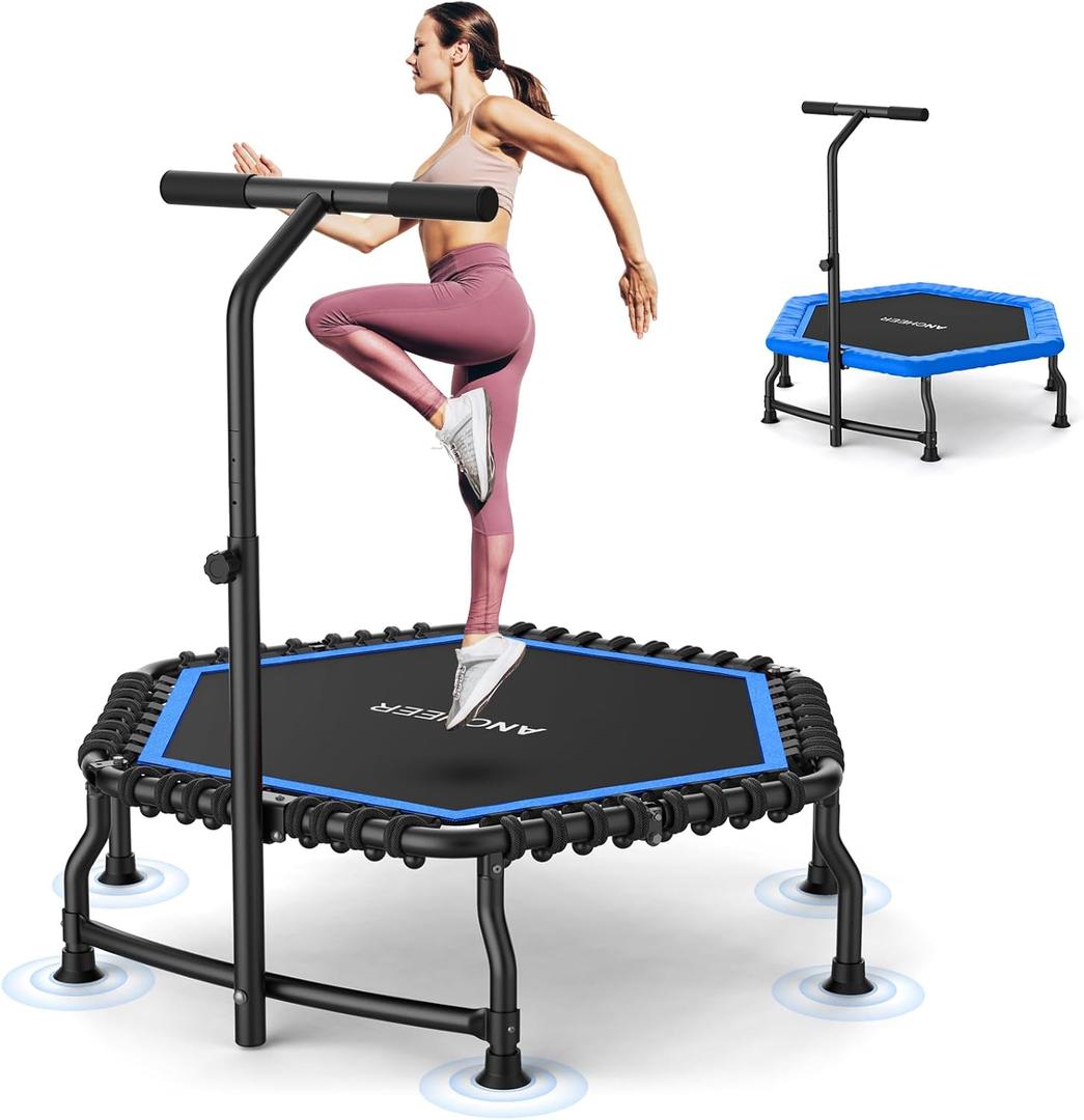 ANCHEER Trampoline, 50'' Rebounder Trampoline for Adult with Bar, Indoor Mini Trampoline, 550LBS Fitness Trampoline with Bungee, Jumping Cardio Equipment, Exercise Trampoline at Home Gym (Blue)