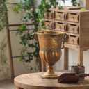 Vintage Gold Urn Planter with Embossed Pattern, American Style chalice planter Flower Pot, Distressed Classic Plant Pot for Tables Fireplace Mantel Decor Indoor Home Garden Patio Front Porch Entrywa