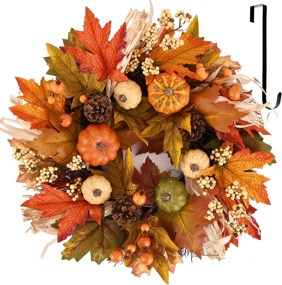 Fall Wreaths for Front Door, 20inchs Autumn Wreath with Hangers Pumpkin Maple Autumn Harvest Wreath Fall Decorations for Home Ideal Thanksgiving Decorations Wall Window Party Decor Indoor Outdoor