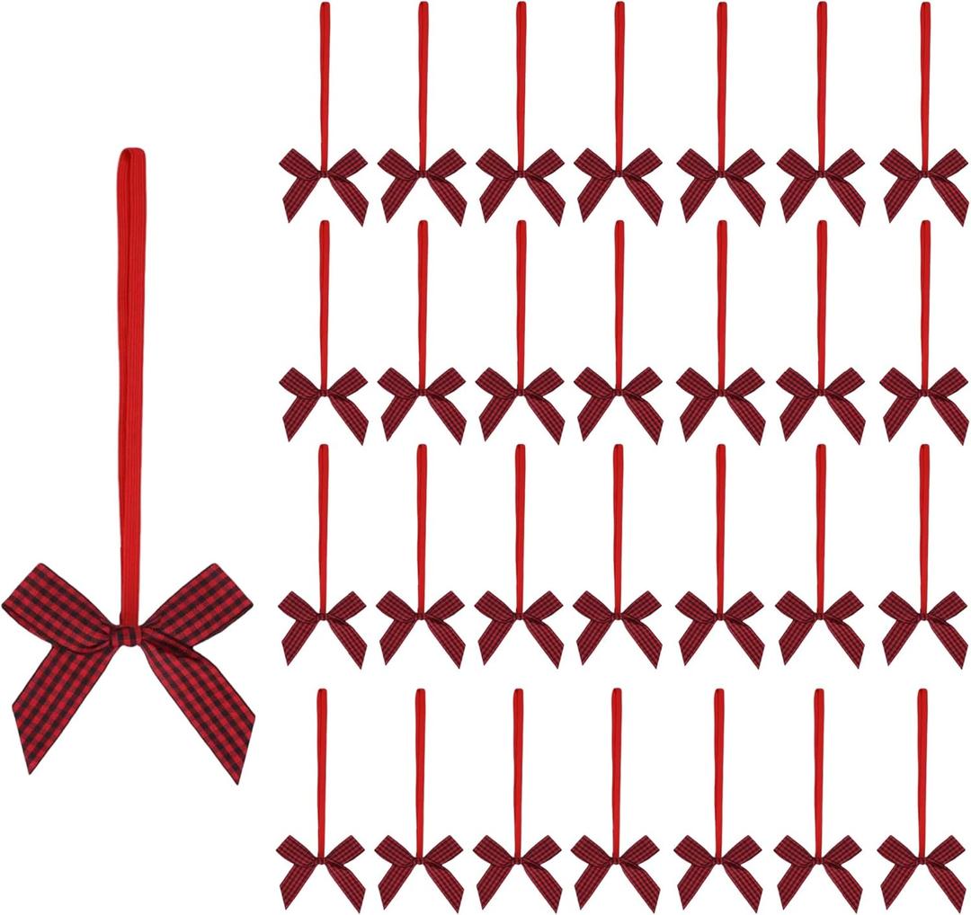 Meseey 30pcs 3 InchAdjustable Stretch Elastic Loops with Pre-Tied Red and Black Plaid Ribbon Bows for Gift Wrapping,Baby Showers, Weddings, Christmas Boxes (Red and Black, 3 Inch)