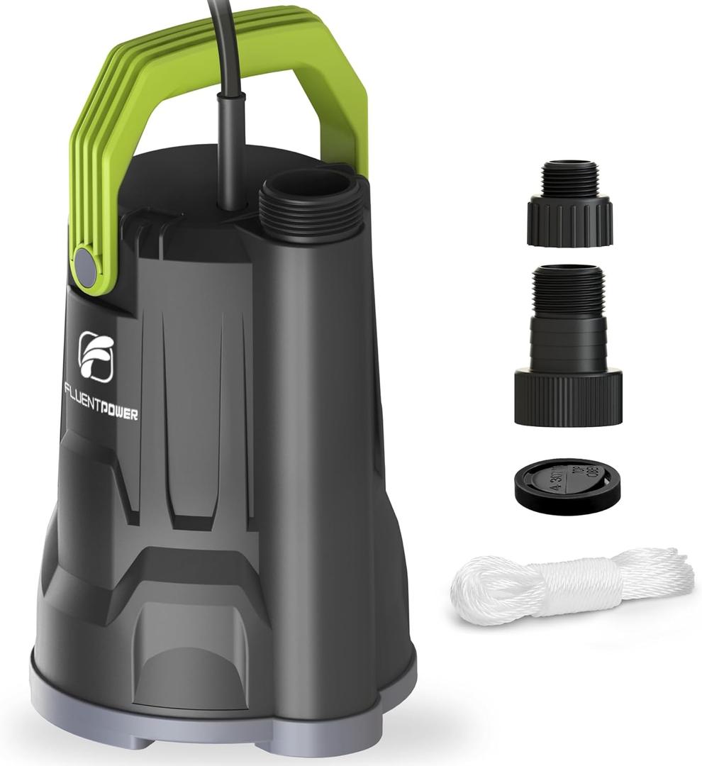 FLUENTPOWER Sump Pump, 1/2HP Submersible Water Pump, 2500GPH Utility Pump Manual Control for Swimming Pool Garden Pond Basement Draining, with 16.4Ft Cord, Adapters, Check Valve and Rope