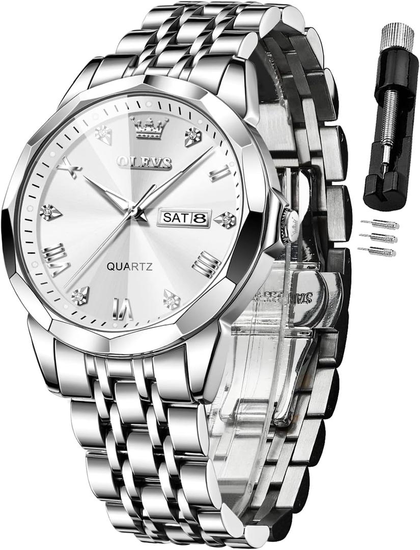 OLEVS Watch for Men Diamond Business Dress Analog Quartz Stainless Steel Waterproof Luminous Date Two Tone Luxury Casual Wrist Watch, Silver