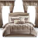 Madison Park Essentials Room in a Bag Faux Silk Comforter Set - Luxe Diamond Tufting All Season Bedding, Matching Curtains, Decorative Pillows, Taupe Queen(90"x90") 24 Piece