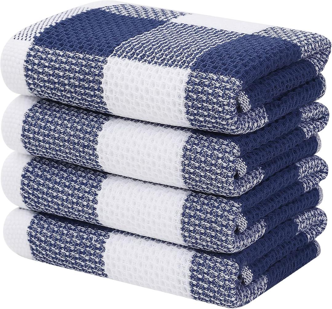 Homaxy 100% Cotton Waffle Weave Check Plaid Kitchen Towels, 13 x 28 Inches, Super Soft and Absorbent Dish Towels for Drying Dishes, 4-Pack, White & Navy Blue