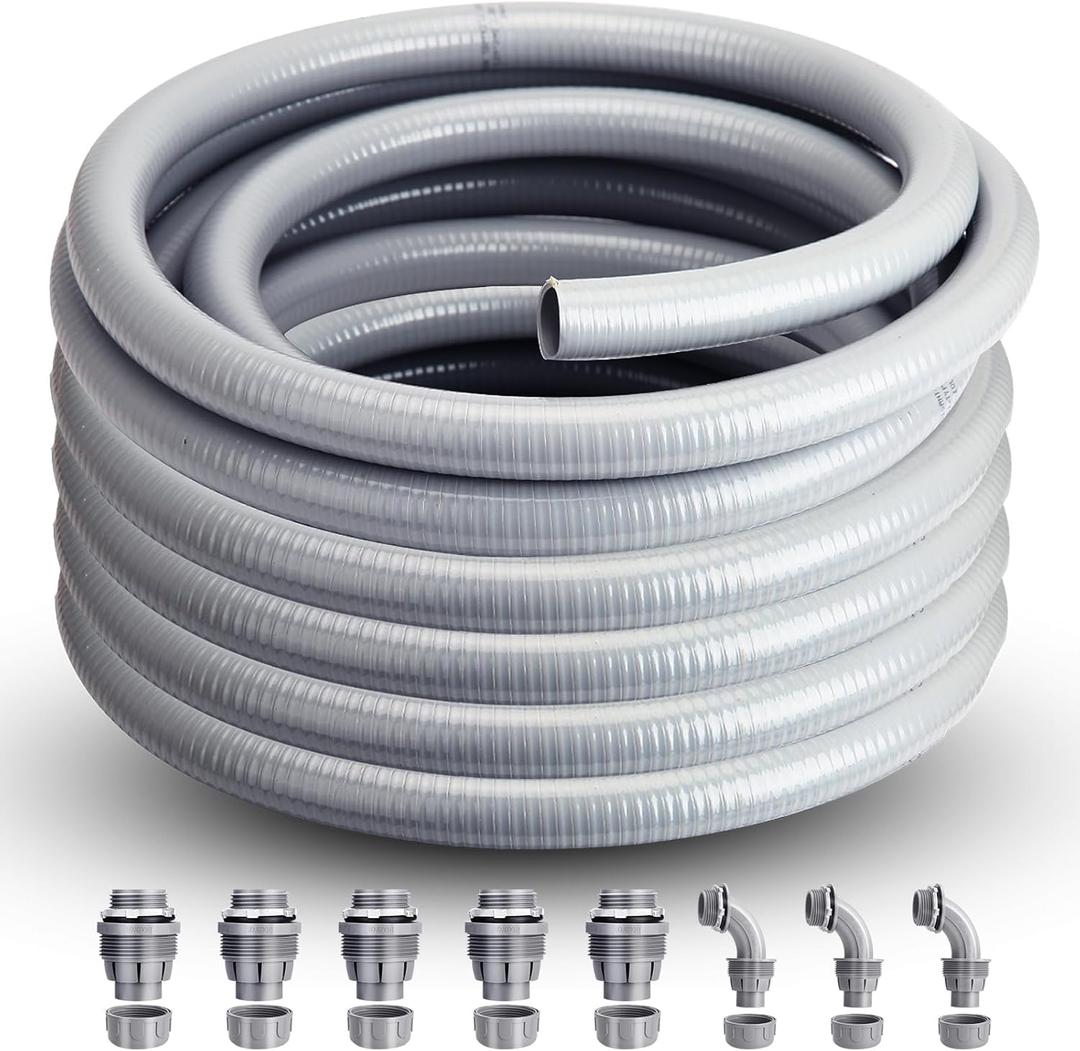 Liquid Tight Conduit 1/2inch 50FT,Flexible Non-Metallic Liquid Tight Flex Electrical Conduit and Connector Kit with 5 Straight and 3 90-Degree Conduit Connector Fittings
