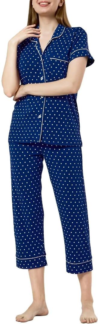 Women's Pajamas Sets 2 Piece Womens Short Sleeve Capri Pants Pajama Sets Tencel Rayon Cotton Pj Sets S-3XL (Navy Polka Dot)