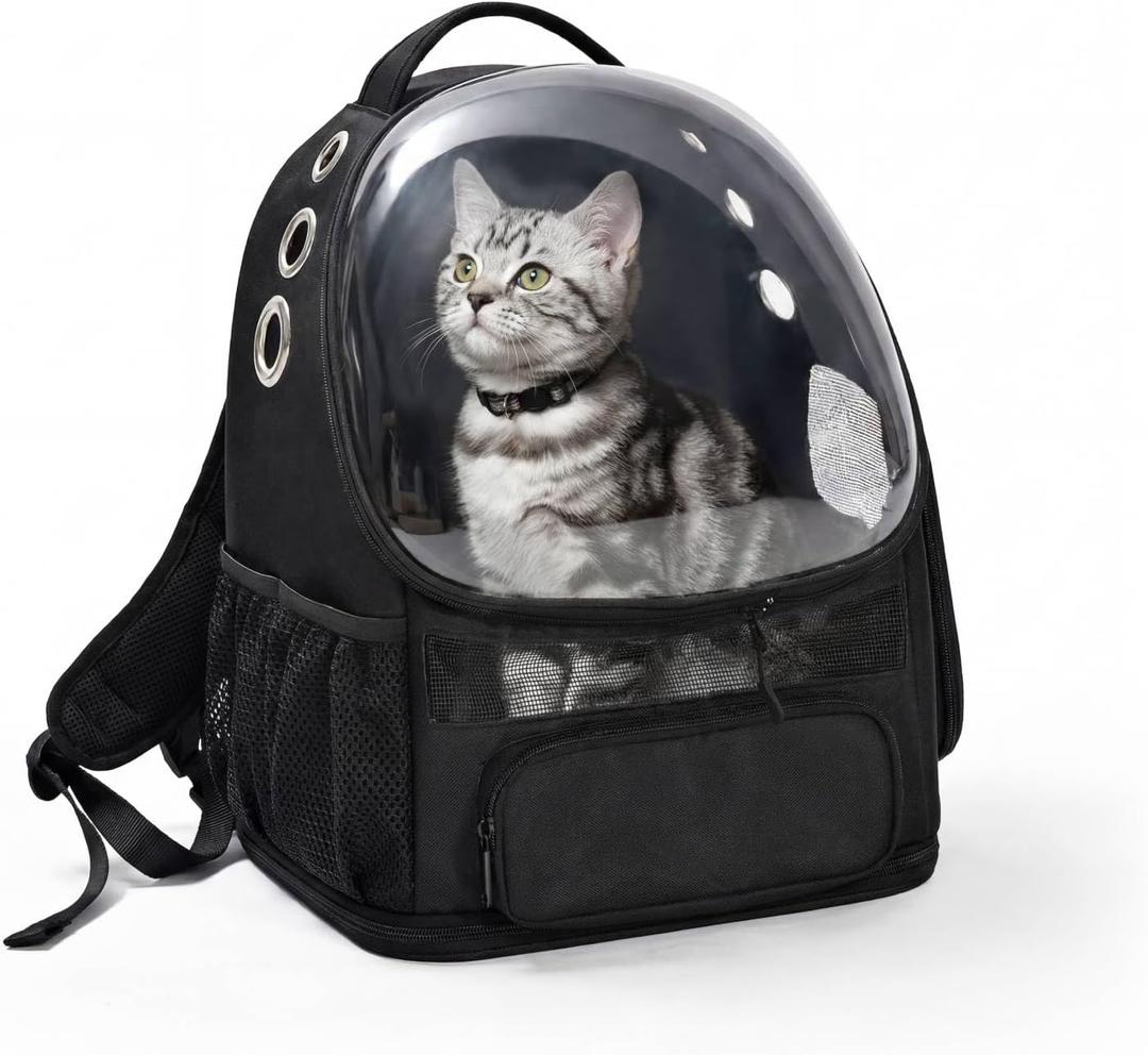 Amazon Basics Pet Carrier Backpack for Small Cats & Dogs, Collapsible Travel Carrier with Bubble Window & Breathable Mesh, Foldable for Travel, Black