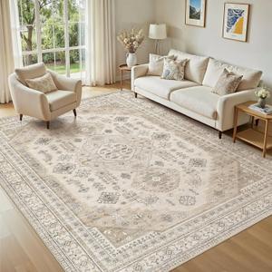5x7 Washable Area Rug, Large Rugs for Living Room Stain Resistant Non Slip Backing Soft Low Pile Vintage Carpet for Bedroom Dining Room Kid & Pet Friendly Home Decor - Beige