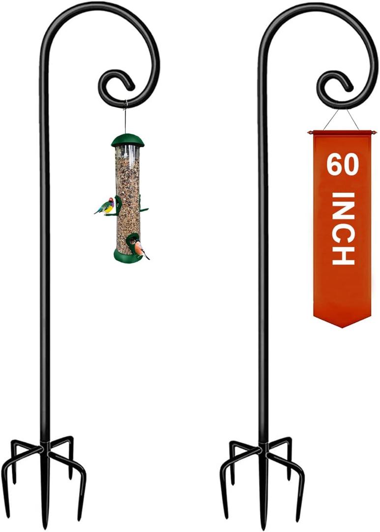 Koutemie 60 Inch Outdoor Shepherd Hook for Hanging Plant, Adjustable Heavy Duty Bird Feeder Pole with 5 Prong Base for Solar Lanterns, Black & 2 Packs