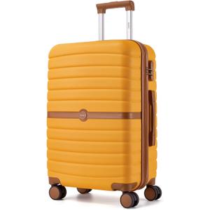 Kono Expandable 24 Inch Luggage with Spinner Wheels, Medium Checked Luggage with Lock, Lightweight & Anti-Scratch PC+ABS Hardshell Travel Suitcase, Yellow/Brown