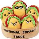 Emotional Support Taco Plush, Funny Cute Cuddly Plushies and Toys, Inspirational Motivational Encouragement Gift for Women Men, Includes 5 Soft Emotional Support Plushies Food with Carry Basket