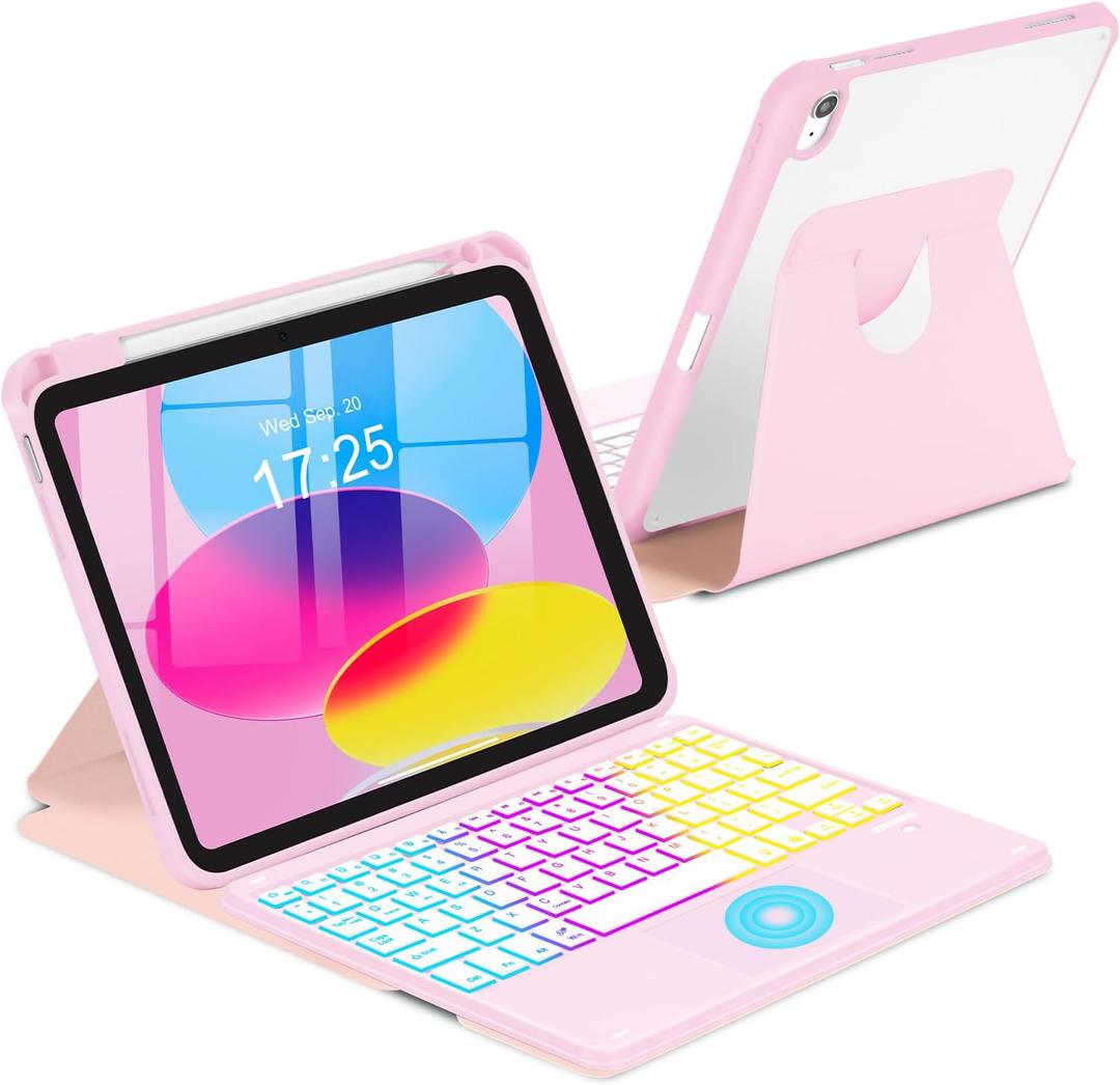 Touchpad Keyboard Case for iPad (A16) 11th 10th Generation, 360 Rotation Cover with Pencil Holder Wireless Backlit Detachable Keypad for iPad 11 inch 2025/10 Gen 10.9" 2022 Pink