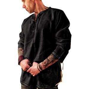 Men's Fashion Cotton Linen Shirt Long Sleeve Solid Color Ethnic Beach Yoga Top (Large, Black)