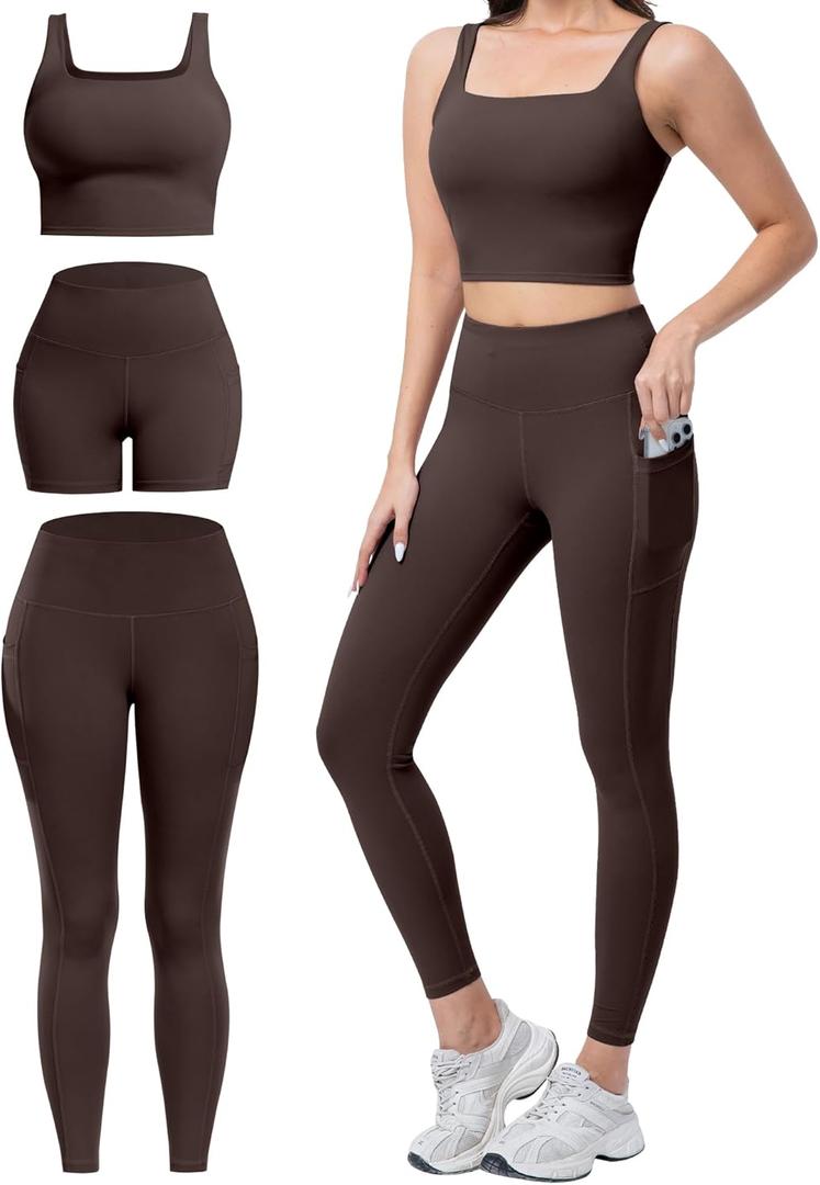 3 Piece Workout Sets for Women High Waisted Leggings with Pockets Tummy Control Biker Shorts Yoga Sports Bra (Medium, Brown)