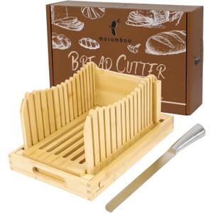 Mosomboo Bamboo Bread Slicer for Homemade Bread with Serrated Knife and Crumb Tray - Foldable and Adjustable Loaf Cutter, 3 Slice Thickness, Bamboo Bread Cutter for Homemade Bread, Cakes, Bagels