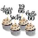 24 Pcs Glitter 60th Birthday Cupcake Toppers for Celebrating 60th Birthday Party Decorations for Sixty Years Old Birthday Party Supplies (Black)