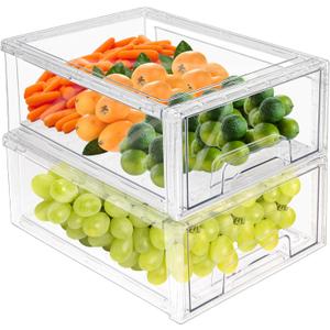 MANO 2Pack Clear Fridge Drawers Pull Out Stackable Refrigerator Drawer Organizer Bins Pantry Storage Box Plastic Food Containers for Kitchen Bathroom Office Closet (2pack Large)