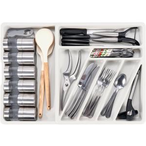 Li&Zhao Silverware Organizer - Expandable Kitchen Drawer Organizer Cutlery Drawer Organizer Flatware Organizer for Drawer Utensil Tray for Kitchen Plastic Silverware Holder for Spoons Knives Forks (Beige)