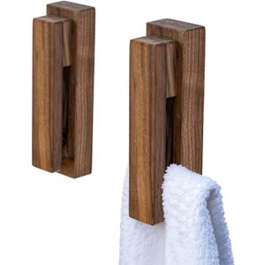 Wood Towel Hooks -Set of 2 Self Adhesive Vintage Towel Holder Wooden Wall Mounted Towel Racks for Bathroom and Kitchen Home Decor- Quick Drying, Firmly Holds Towel(Walnut)