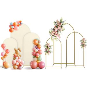Holldoor Arch Backdrop Stand and Cover Set, 2 Metal Balloon Arch Backdrop 7.2ft 6ft, Gold Arched Stand Frame for Wedding, Parties,Birthday, Backdrop Decorations (Beige,7.2ft+6ft)