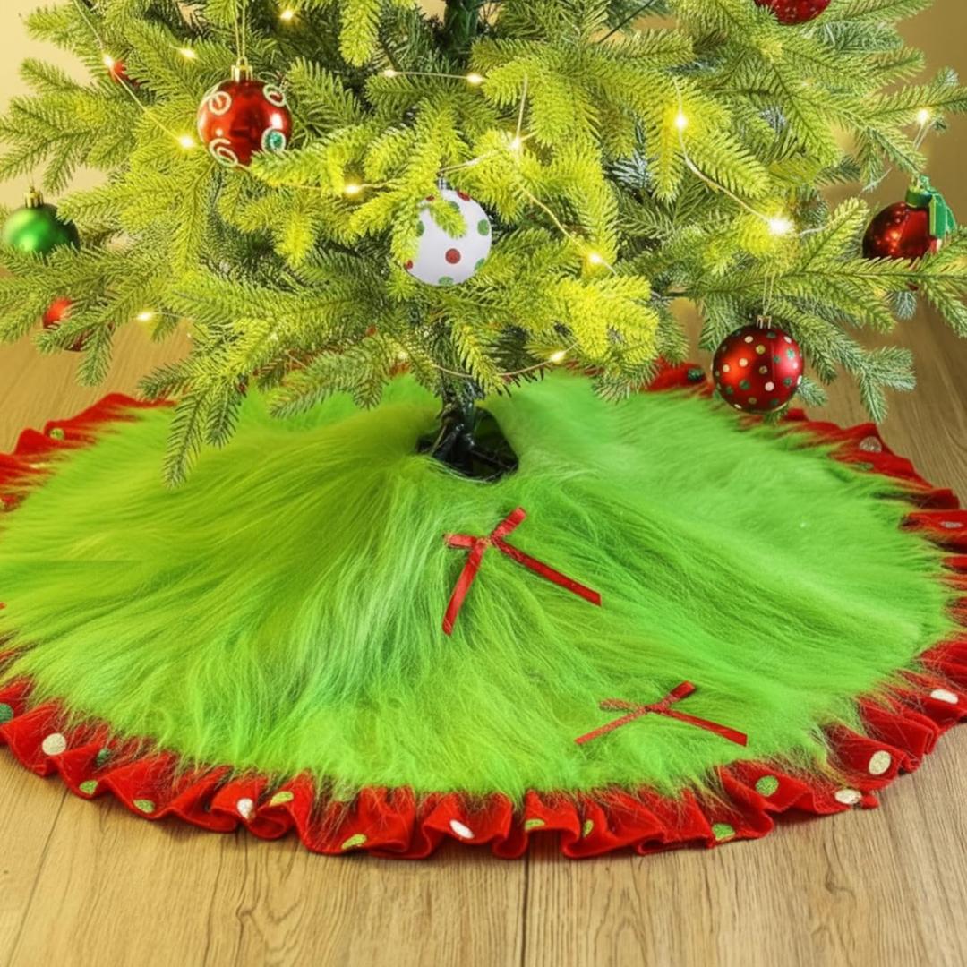 Red and Green Christmas Tree Skirt Furry Plush Lime Green Christmas Tree Skirts Whimsical Xmas Decorations Holiday Glittering Dot Mat Faux Round Carpet for Home Xmas Party Decor(48 Inch)