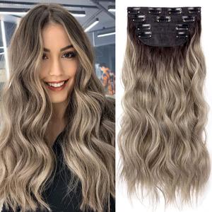 4PCS Clip in Hair Extensions 20 Inches Long Blonde Soft Wavy Clip in Synthetic Hair Extensions for Women (Ombre Chocolate Brown Mix Ash Blonde, R6/88#)