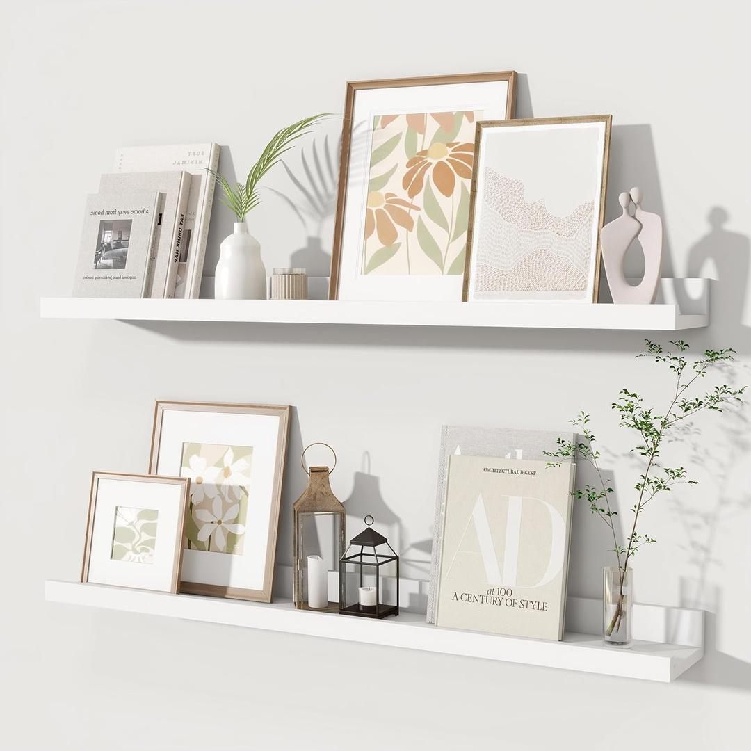 Fun Memories Picture Ledge Shelves Set of 2, 32 Inch Rustic Wall Mounted Floating Shelves with Lip for Home Storage and Dcor in Bathroom, Kitchen, Nursery, Bedroom, Living Room, White