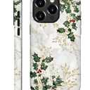 CARLOCA for iPhone 15 Compatible with Magsafe Full Body Protective Glossy Case, for Girl Boy Shockproof Magnetic Charge Esthetics Pattern White Marble Green Holly Leaves Golden Christmas