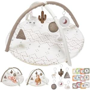 Tummy Time Mat with 6 Toys, Macrame Baby Play Mat for Newborn, Baby Gym with 12 Milestone Cards, Stage-Based Sensory and Motor Skill Development Baby Play Gym, Non Slip Mat Washable, Khaki