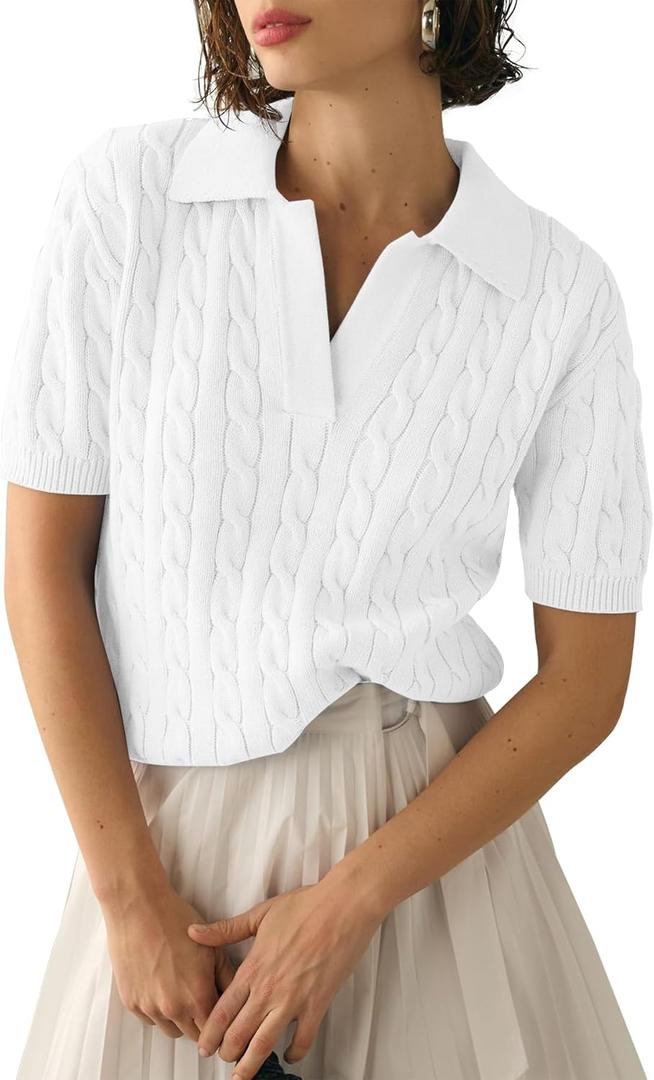 Imily Bela Women's Cable Short Sleeve Sweaters Tops Solid Lapel V Neck Knit Casual Soft Pullover Shirt (X-Large, White)