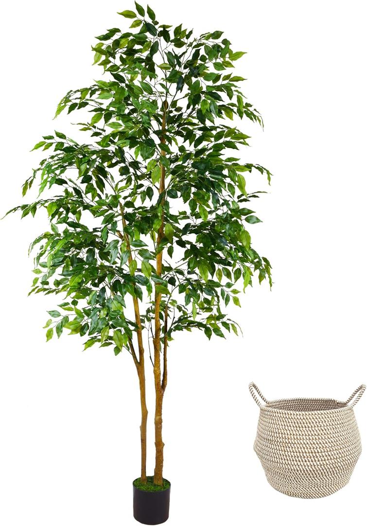 Warmplants Artificial Ficus Tree, 7ft Silk Fake Ficus Leaves Plant with Basket, Indoor Outdoor Faux Green Tree for Home Garden Office House Livingroom Dcor