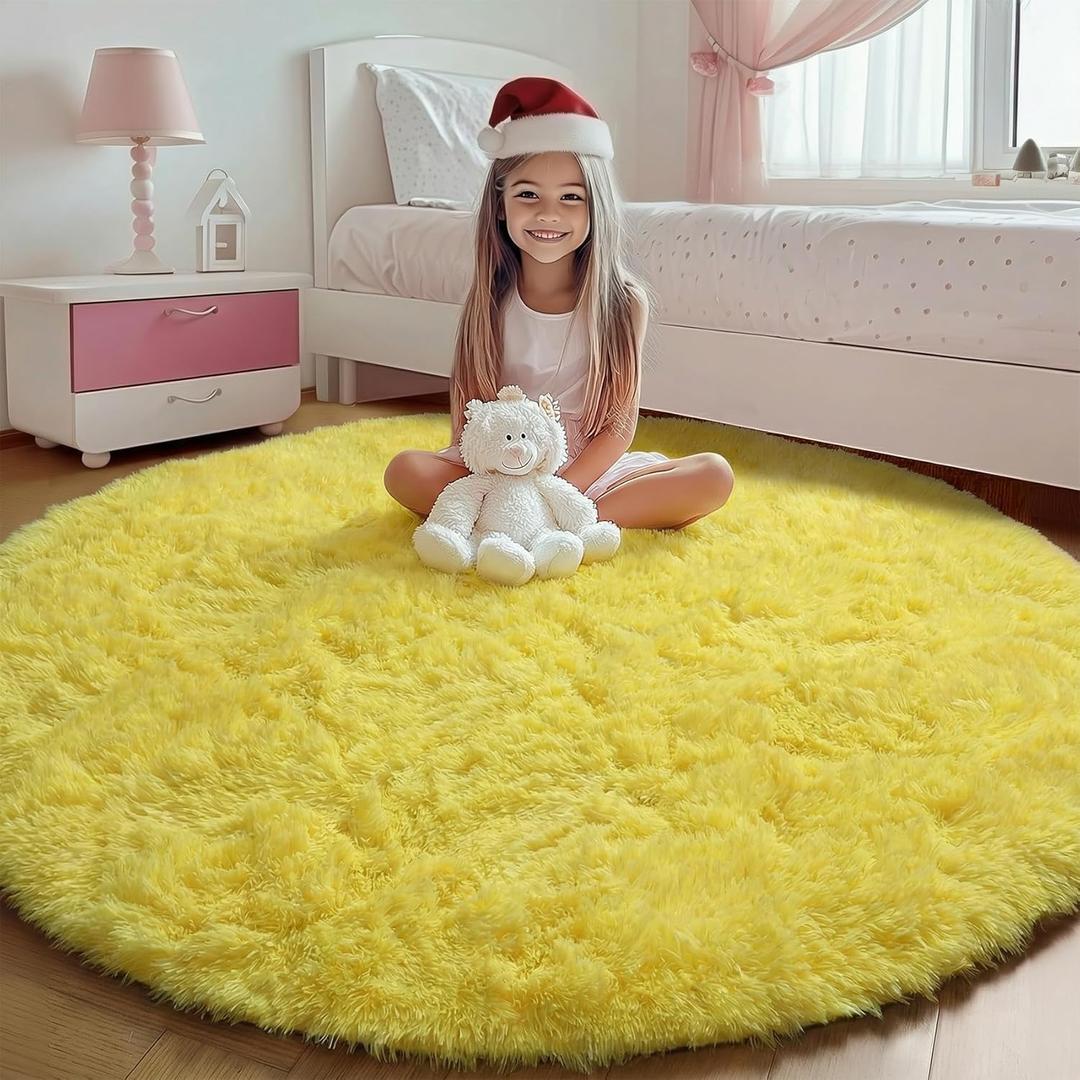ONASAR Yellow Round Area Rugs 4ft for Bedroom Living Room, Fluffy Circle Rug for Kids Girls Boys Teen, Soft Plush Shaggy Carpet for Nursery Dorm Classroom Playroom Home Decor Aesthetic