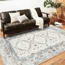 Washable Area Rug 5x7 Retro Boho Chic Medallion Distressed Design for Living Room Indoor Non-Slip Large Oriental Accent Throw Rug for Kitchen Entryway Bedroom Office Rug (Blue and Gray)