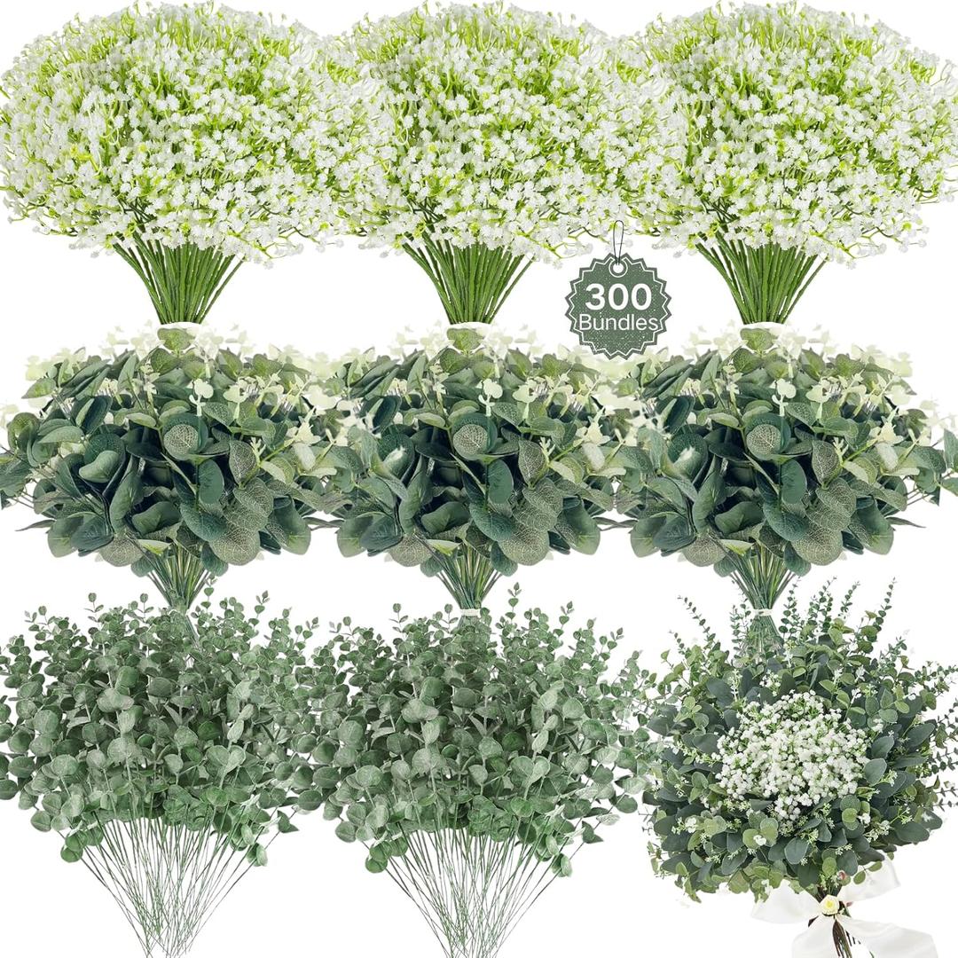 ASTRYAS 300Pcs 3 Kinds Mixed Eucalyptus Leaves Stems, Babys Breath Artificial Flowers Bulk with Faux Eucalyptus Leaves Greenery Stems for Wedding DIY Bouquets Floral Arrangement Home Decor