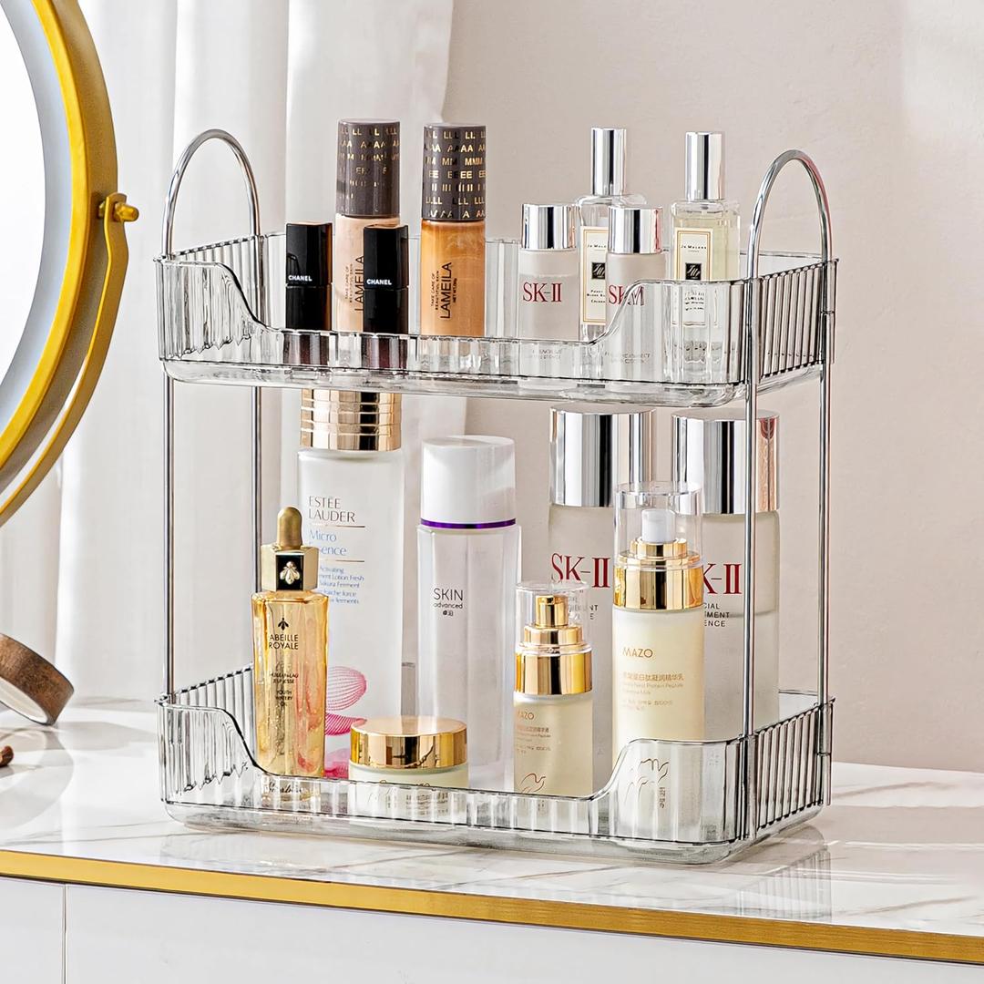 Bathroom Counter Organizer Countertop Shelf, Skincare Organizer Perfume Holder for Dresser, Bathroom Countertop Tray for Cosmetic, Skin Care, Lipstick (2 Tiers, Grey)