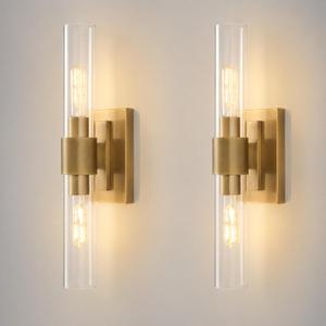 Champagne Brass Bathroom Wall Sconce - Set of 2 Modern Gold Light Sconces - Clear Glass Tube Vanity Lights - Vertical or Horizontal Mounted Dimmable Lighting Fixtures for Indoor Living Room Hallway, 2 Pack