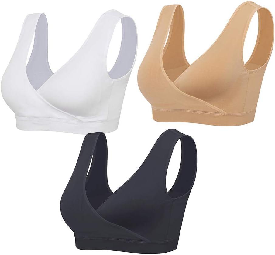 Lemef Nursing Sleep Bras Wirefree Maternity Breastfeeding Bras 3 Pack (Medium, Black&beige&white)