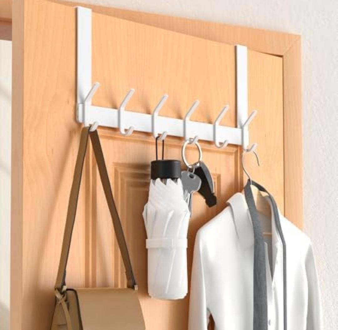 CHAUNCEY HOME Over The Door Hooks Hanger with Extended Arms, Perfectly Fits US Standard 1 3/8-inch Doors, Towel Rack Organizer Holder, Glossy White, J-Shaped