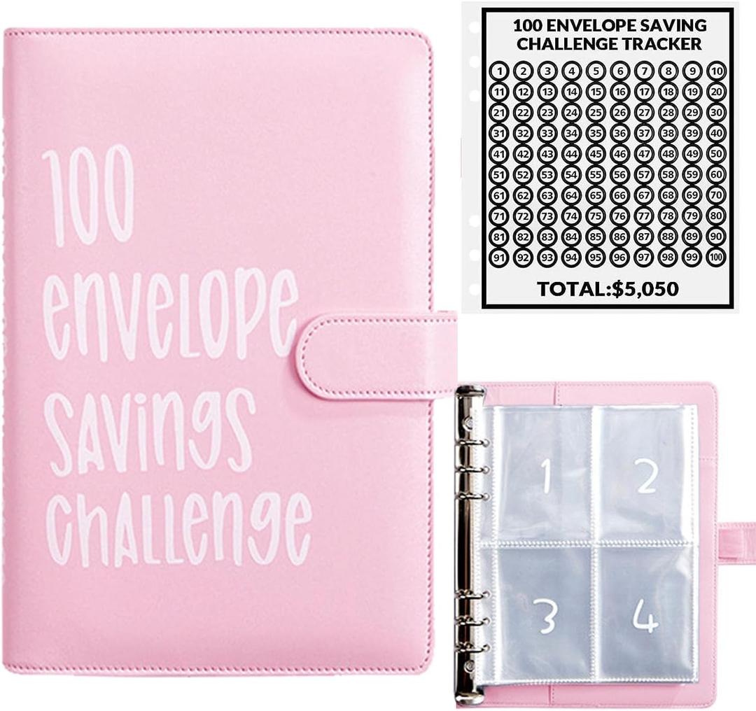 100 Envelope Money Saving Challenge Binder, Fun and Easy Way to Save $5,050, Budget Book with Cash Envelopes for Office, Home, School (Pink)