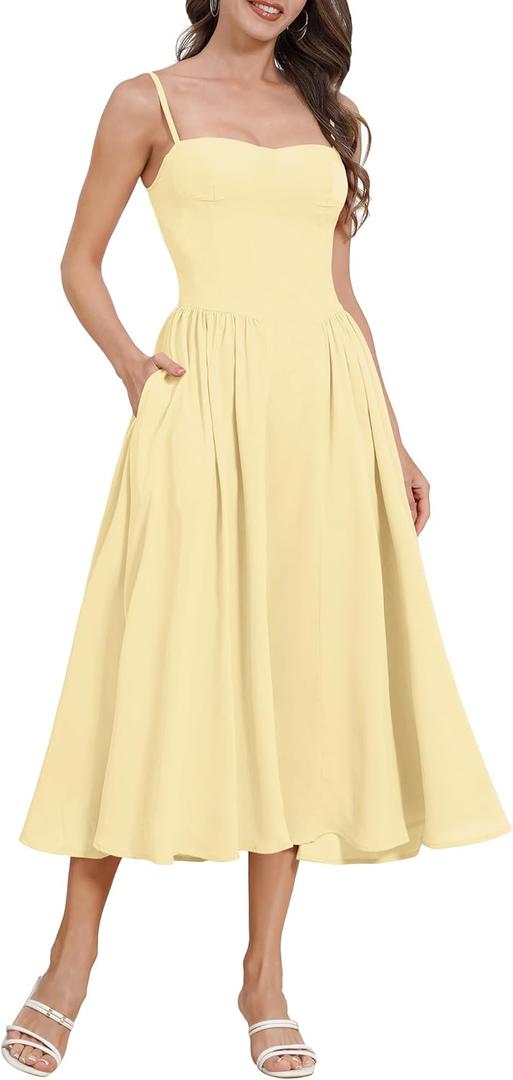 Womens Corset Dress Sexy Thigh Spaghetti Strap Bustier Cocktail Dress Low Cut Boho Formal Dresses with Pockets (Yellow, M)