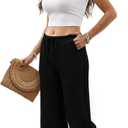 Sampeel Wide Leg Pants for Women Flowy Palazzo Drawstring Elastic Waist Trousers with Pockets Summer Beach Vacation Clothes M
