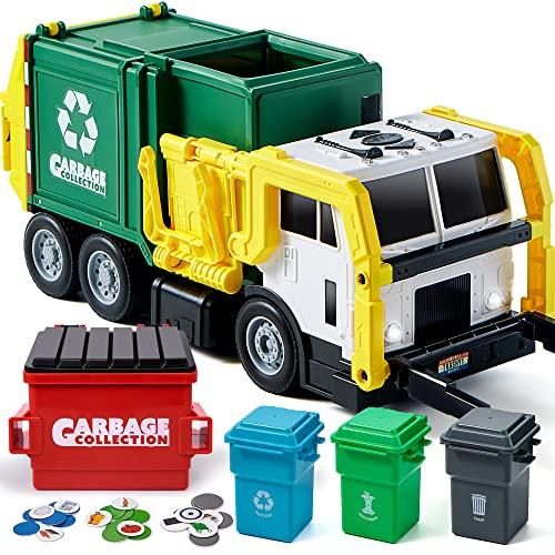 JOYIN Large Friction Powered Garbage Truck Toy Set, Includes Dumpster, Trash Bins, and Learning Cards for Kids, Boy Toys Birthday Gift for Boys Girls Kids Toddler Gift of Easter Basket Stuffers